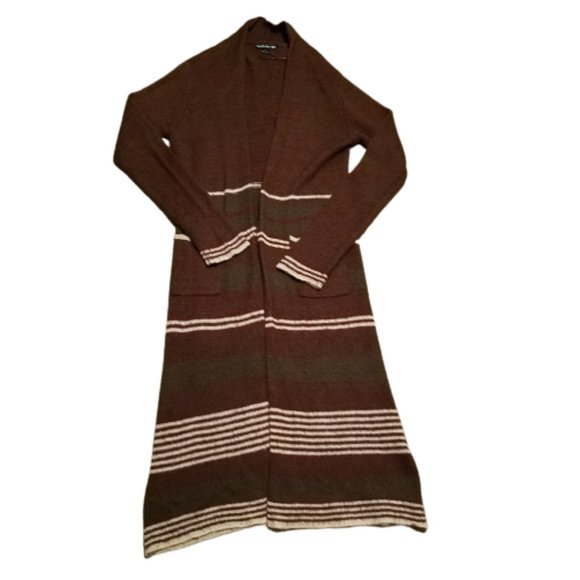 Double Zero Striped Knit Cardigan Women's Large L | Maroon / White - Picture 1 of 3